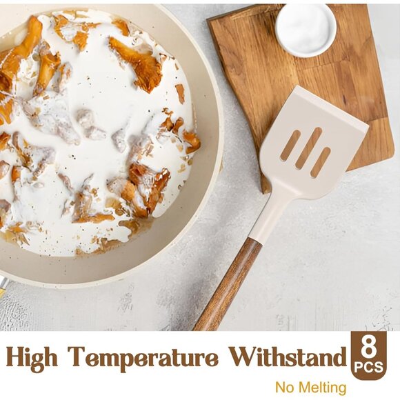 8-Piece Kitchen Set with Natural Acacia Wooden Handles Khaki Grade Silicone - Picture 10 of 13